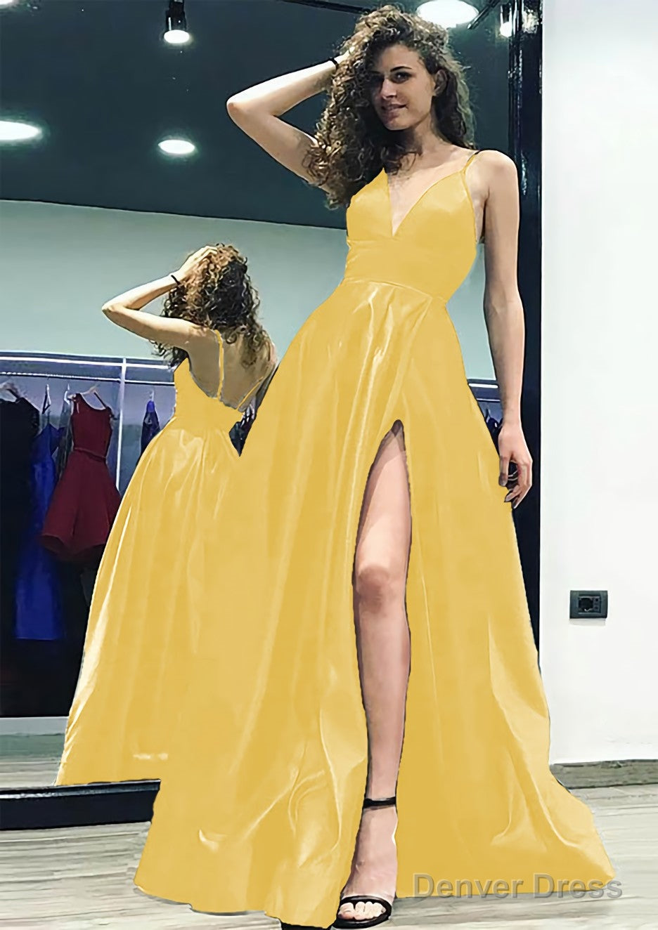 A-line/Princess V Neck Sleeveless Sweep Train Satin Prom Dresses With Split