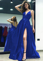 A Line V Neck Sleeveless Sweep Train Satin Prom Dresses With Split