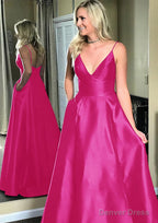 A Line V Neck Sleeveless Sweep Train Satin Prom Dresses