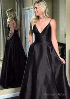 A Line V Neck Sleeveless Sweep Train Satin Prom Dresses