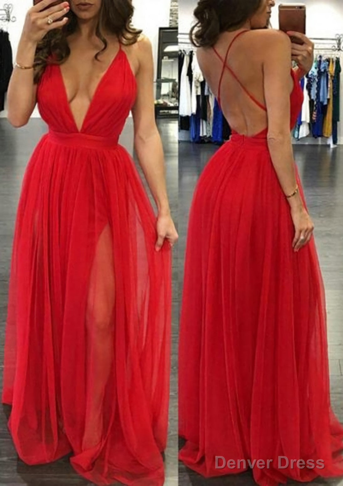 A Line V Neck Sleeveless Sweep Train Tulle Prom Dresses