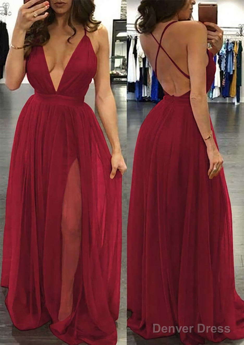 A Line V Neck Sleeveless Sweep Train Tulle Prom Dresses