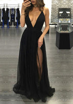 A Line V Neck Sleeveless Sweep Train Tulle Prom Dresses