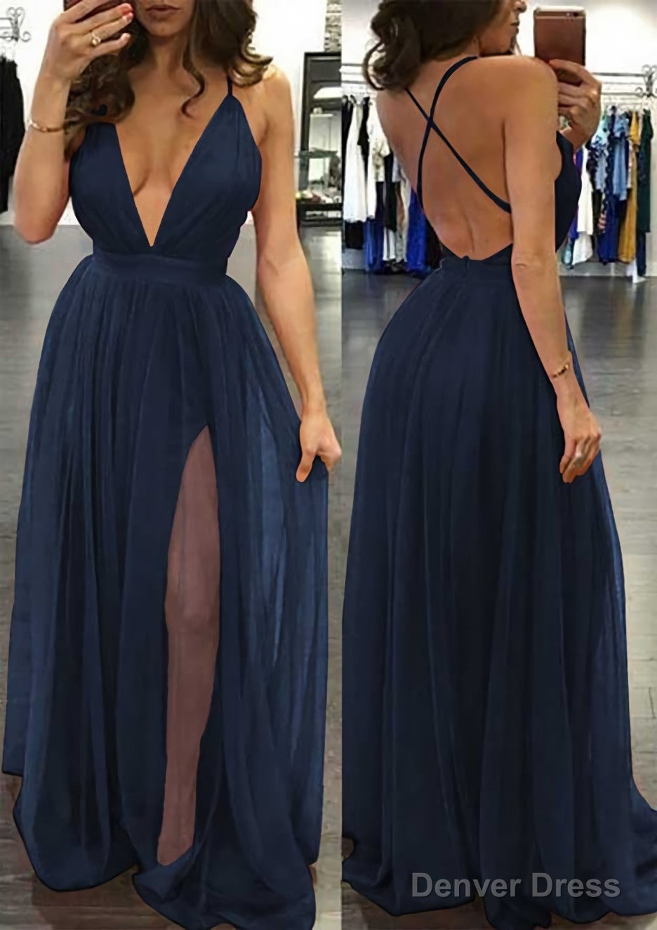A Line V Neck Sleeveless Sweep Train Tulle Prom Dresses Secondary image