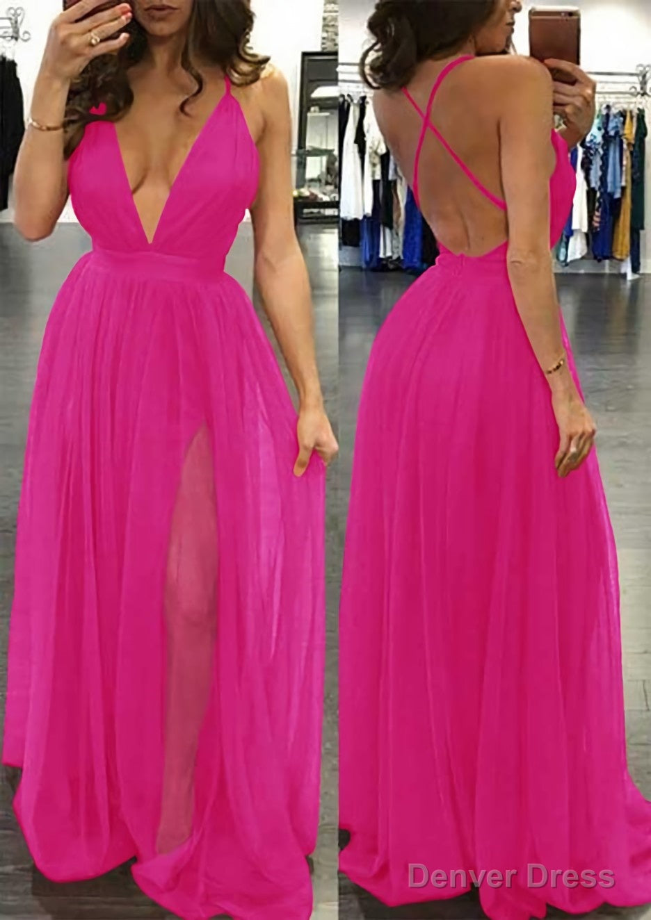A Line V Neck Sleeveless Sweep Train Tulle Prom Dresses