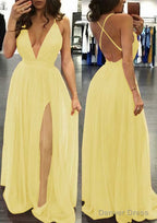 A Line V Neck Sleeveless Sweep Train Tulle Prom Dresses