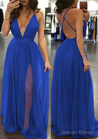 A Line V Neck Sleeveless Sweep Train Tulle Prom Dresses
