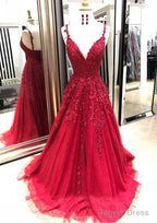 A Line V Neck Sleeveless Sweep Train Tulle Prom Dresses With Appliqued