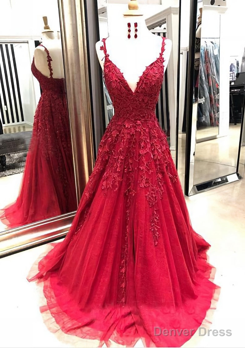 A Line V Neck Sleeveless Sweep Train Tulle Prom Dresses With Appliqued