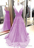 A Line V Neck Sleeveless Sweep Train Tulle Prom Dresses With Appliqued