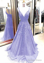 A Line V Neck Sleeveless Sweep Train Tulle Prom Dresses With Appliqued