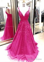 A Line V Neck Sleeveless Sweep Train Tulle Prom Dresses With Appliqued