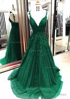 A Line V Neck Sleeveless Sweep Train Tulle Prom Dresses With Appliqued