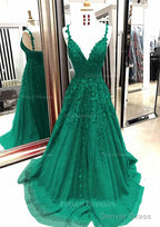 A Line V Neck Sleeveless Sweep Train Tulle Prom Dresses With Appliqued