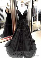 A Line V Neck Sleeveless Sweep Train Tulle Prom Dresses With Appliqued