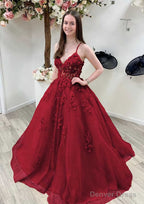 A Line Princess V Neck Sleeveless Sweep Train Tulle Prom Dresses With Appliqued Beading Lace