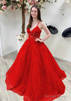 A-line Princess V Neck Sleeveless Sweep Train Tulle Prom Dresses With Appliqued Beading Lace