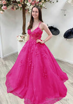 A Line Princess V Neck Sleeveless Sweep Train Tulle Prom Dresses With Appliqued Beading Lace