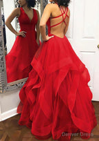 A Line Princess V Neck Sleeveless Tulle Long Floor Length Prom Dresses With Pleated