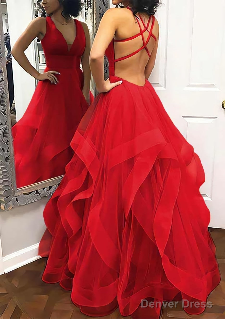 A Line Princess V Neck Sleeveless Tulle Long Floor Length Prom Dresses With Pleated
