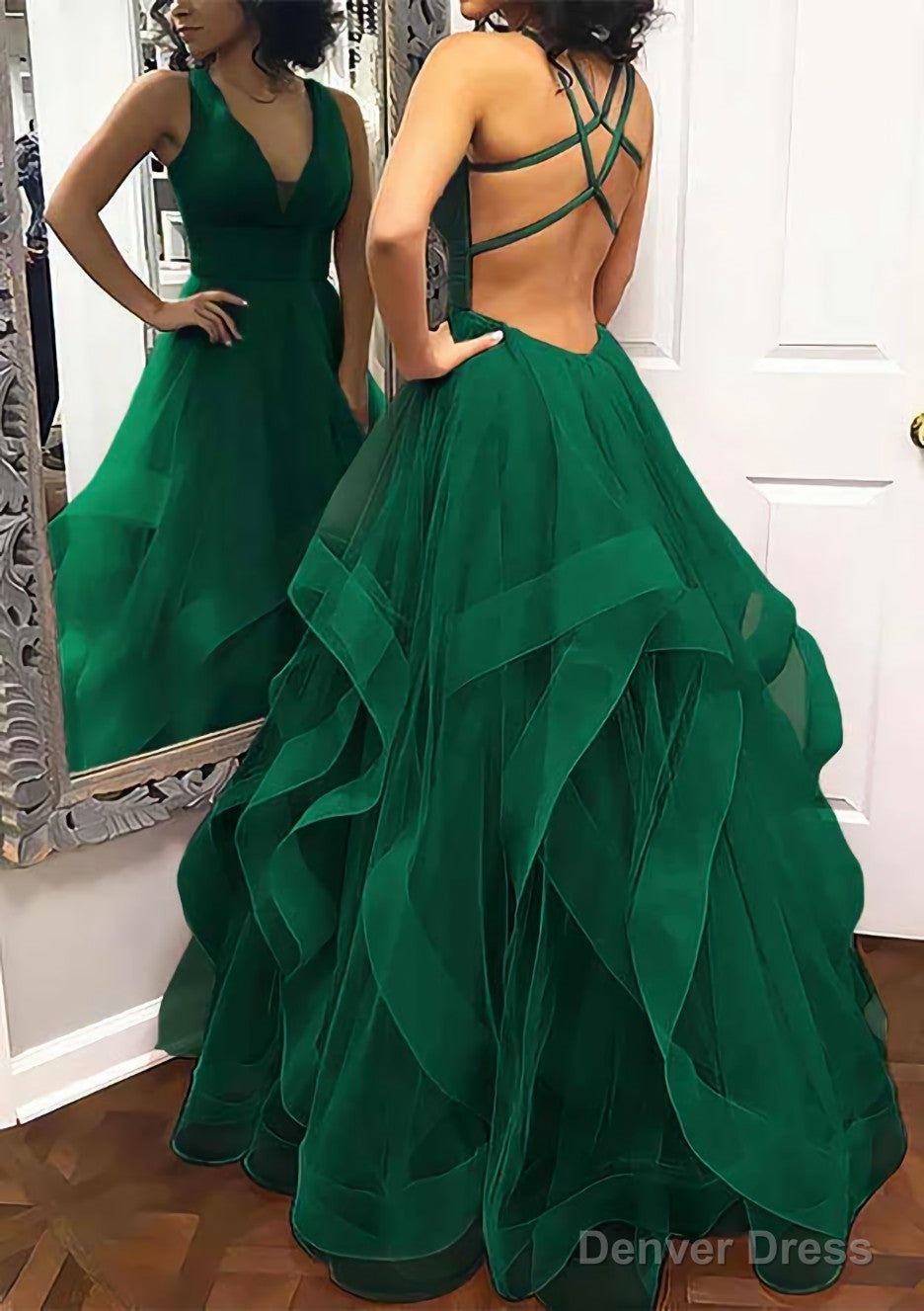 A Line Princess V Neck Sleeveless Tulle Long Floor Length Prom Dresses With Pleated