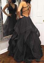 A Line Princess V Neck Sleeveless Tulle Long Floor Length Prom Dresses With Pleated