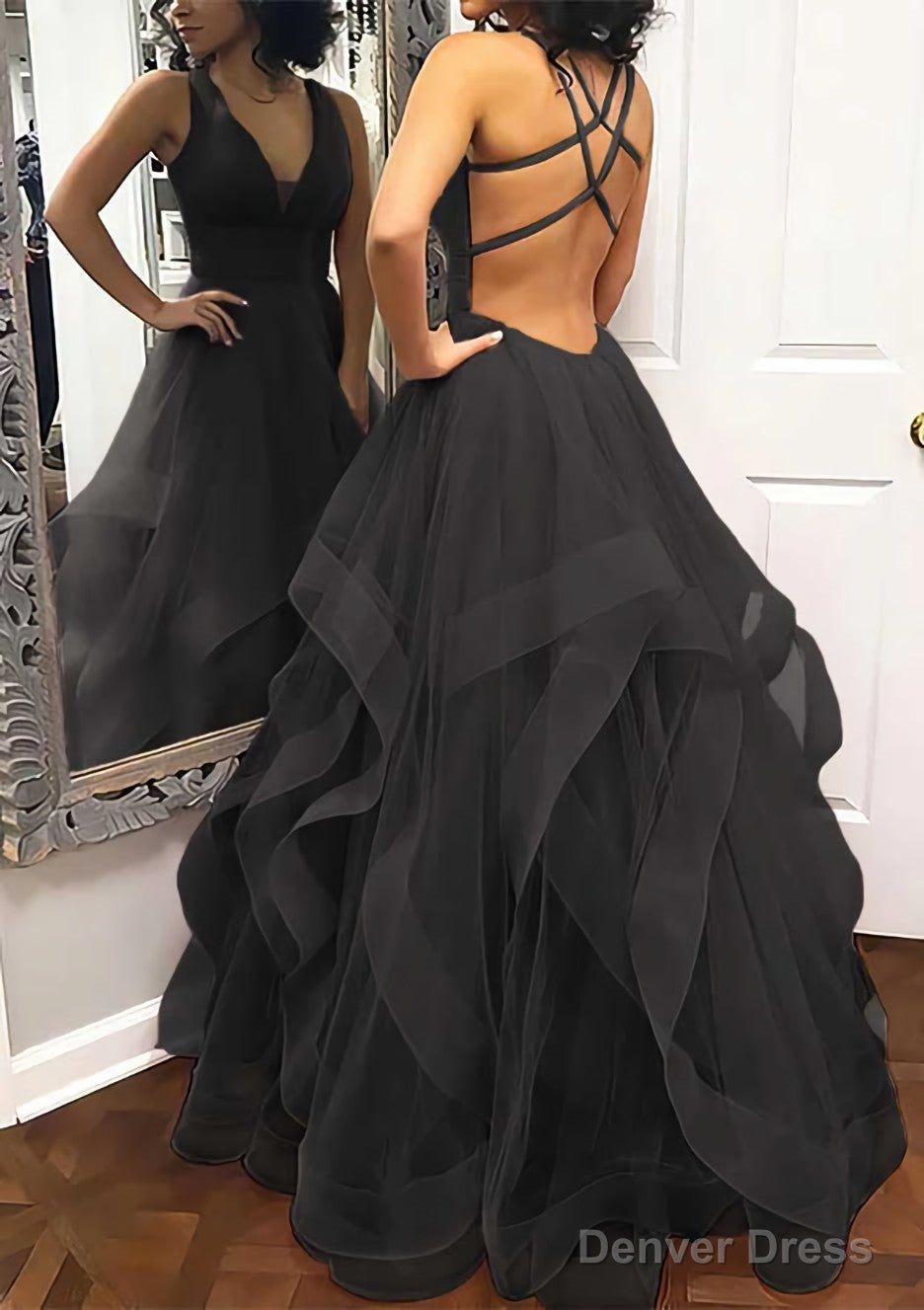 A Line Princess V Neck Sleeveless Tulle Long Floor Length Prom Dresses With Pleated