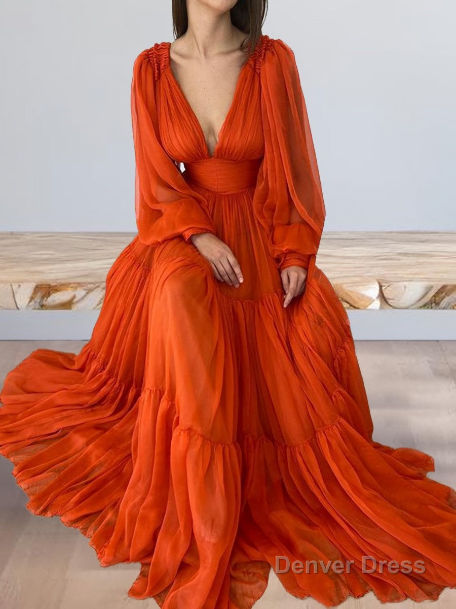 A Line V Neck Sweep Train 30D Chiffon Prom Dresses With Pleated Main image