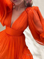 A Line V Neck Sweep Train 30D Chiffon Prom Dresses With Pleated