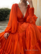 A Line V Neck Sweep Train 30D Chiffon Prom Dresses With Pleated