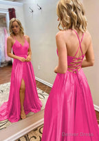 A Line Princess V Neck Sweep Train Charmeuse Prom Dresses With Split