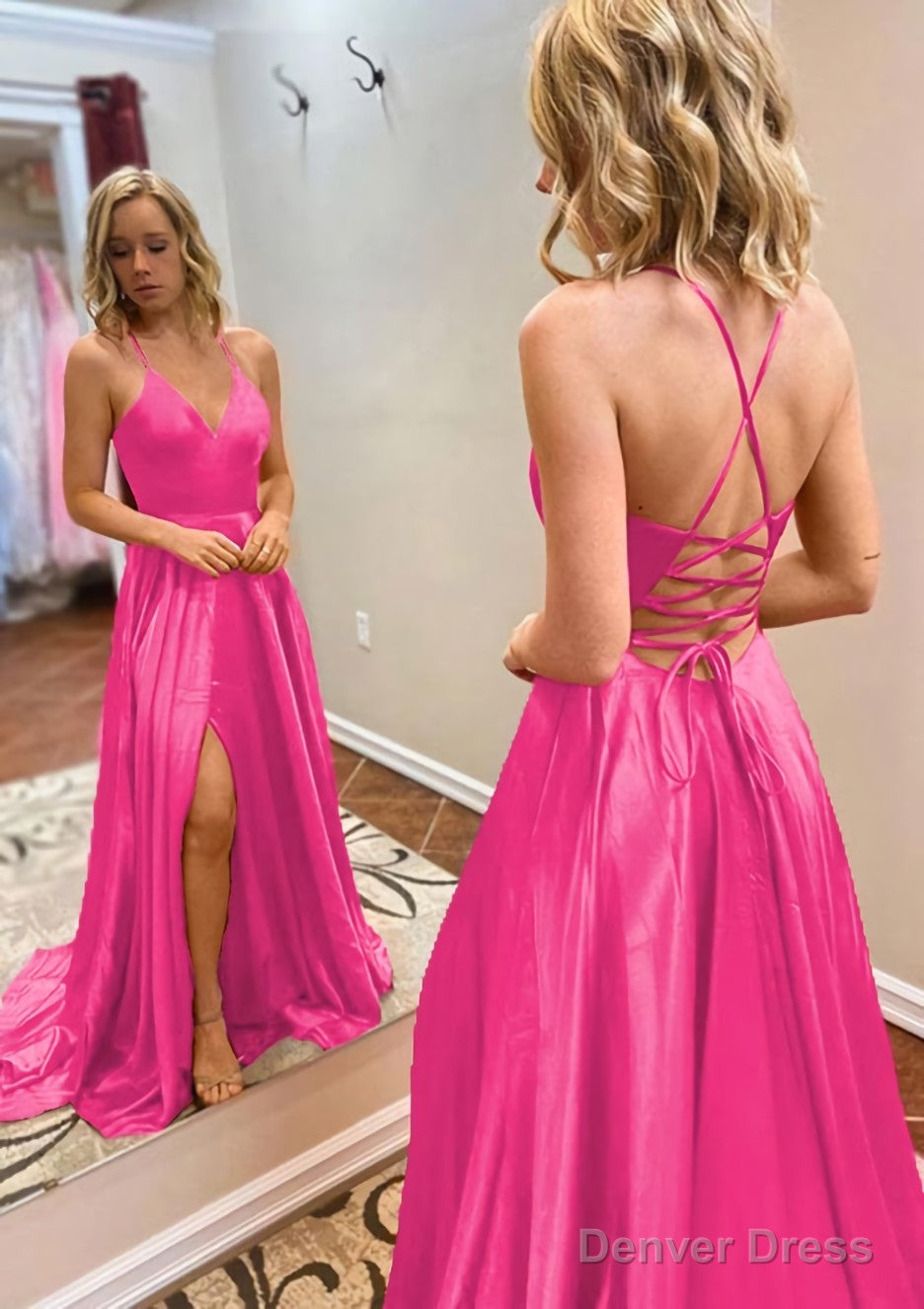 A Line Princess V Neck Sweep Train Charmeuse Prom Dresses With Split
