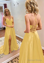 A-line Princess V Neck Sweep Train Charmeuse Prom Dresses With Split