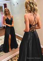 A-line Princess V Neck Sweep Train Charmeuse Prom Dresses With Split