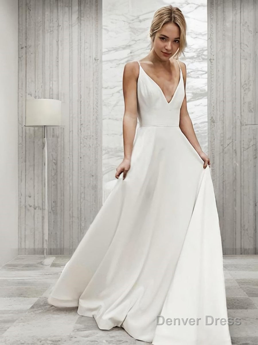 A Line V Neck Sweep Train Charmeuse Wedding Dresses Main image