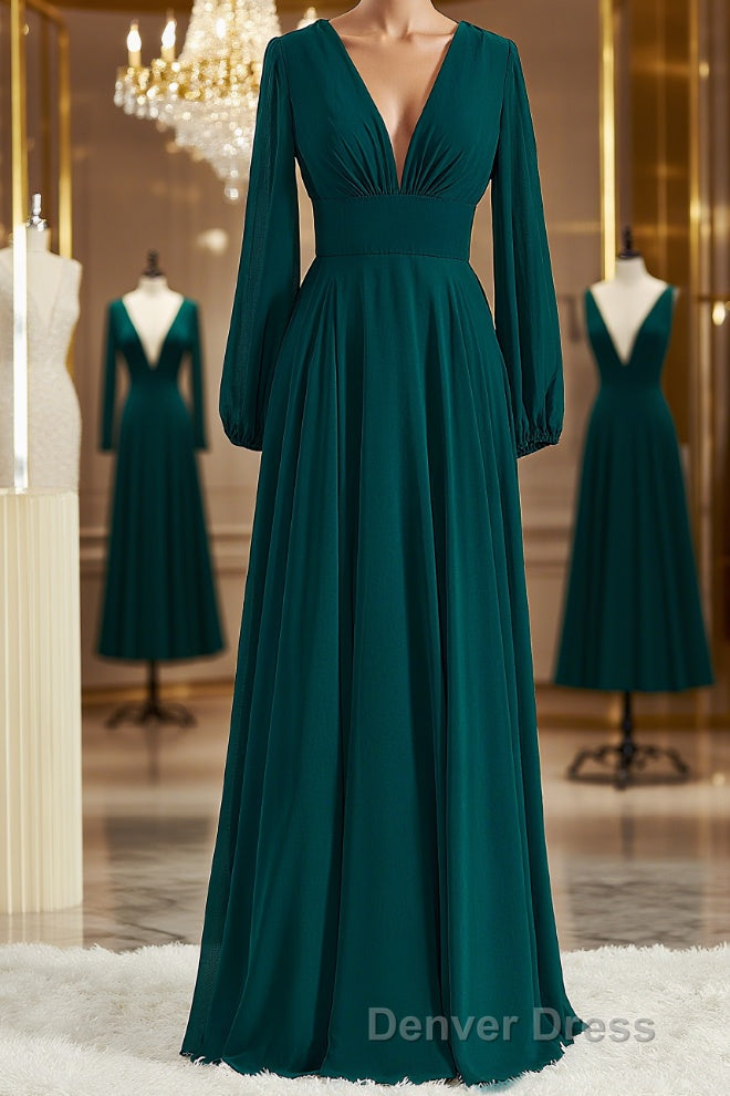 A Line V Neck Sweep Train Chiffon Bridesmaid Dresses