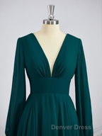 A Line V Neck Sweep Train Chiffon Bridesmaid Dresses