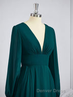 A Line V Neck Sweep Train Chiffon Bridesmaid Dresses