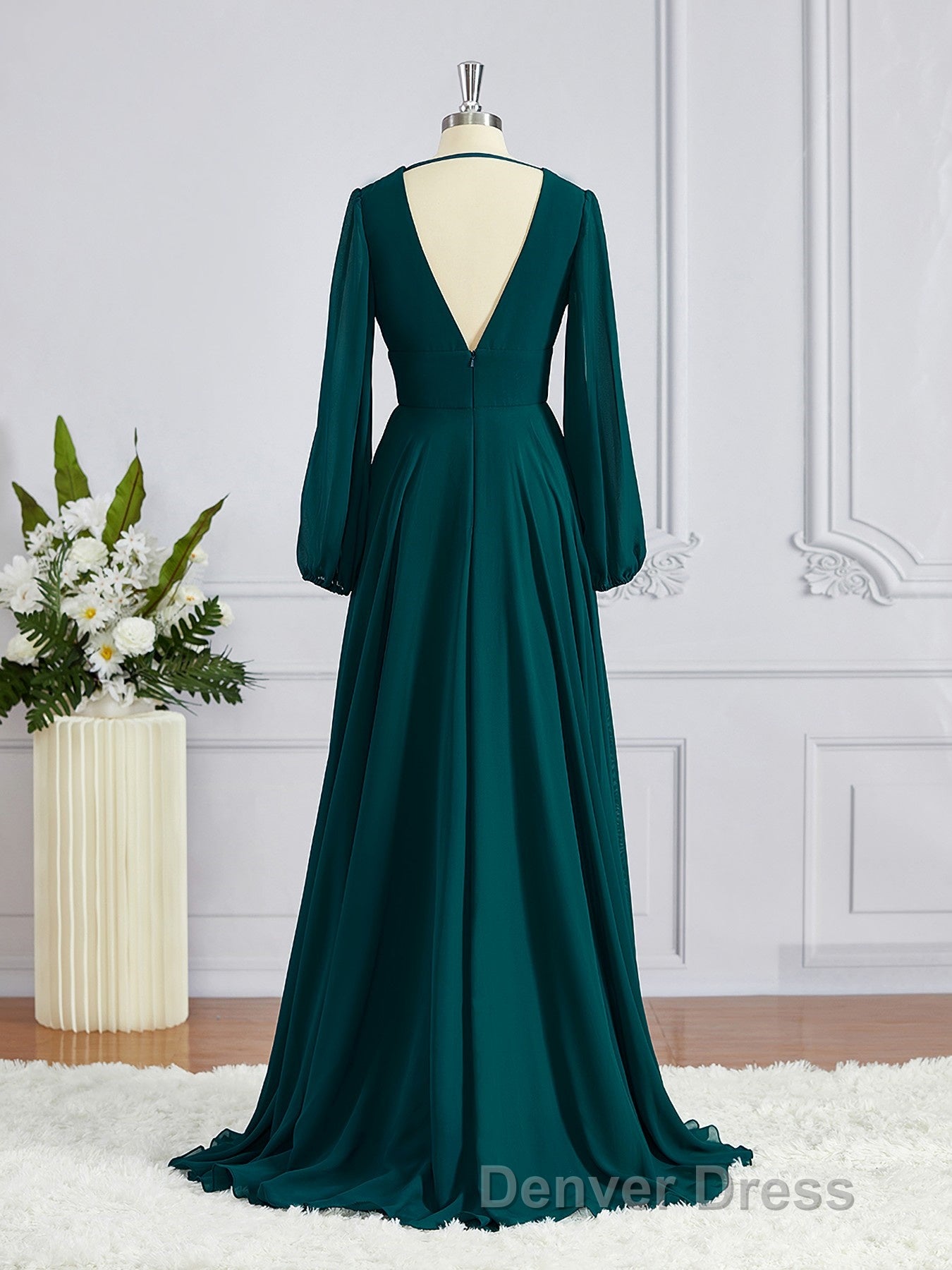 A Line V Neck Sweep Train Chiffon Bridesmaid Dresses