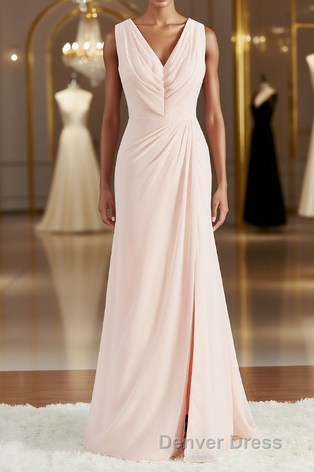 A Line V Neck Sweep Train Chiffon Bridesmaid Dresses