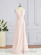 A Line V Neck Sweep Train Chiffon Bridesmaid Dresses