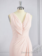 A Line V Neck Sweep Train Chiffon Bridesmaid Dresses