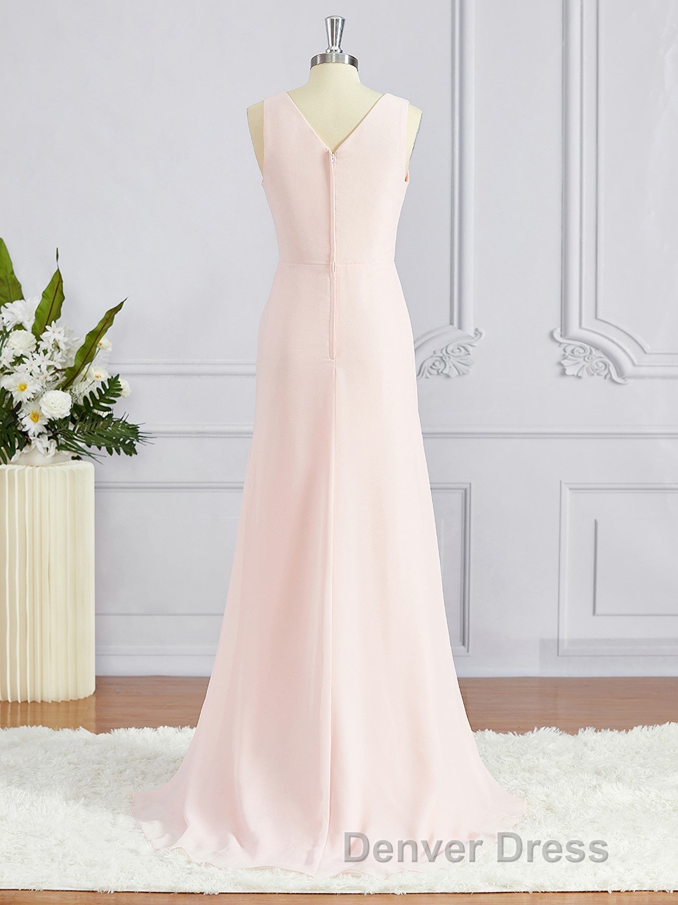 A Line V Neck Sweep Train Chiffon Bridesmaid Dresses