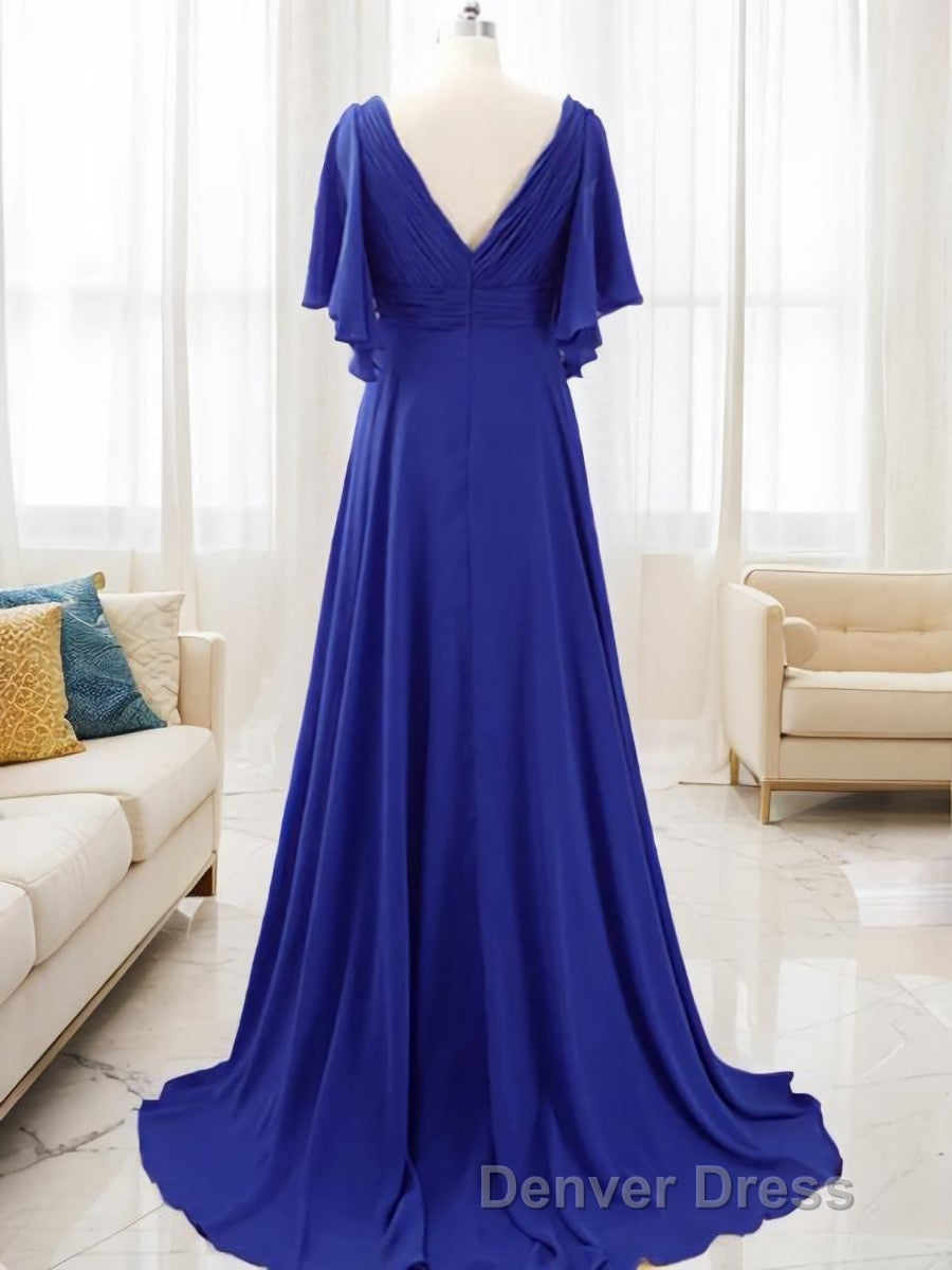 A Line V Neck Sweep Train Chiffon Mother of the Bride Dresses With Beading