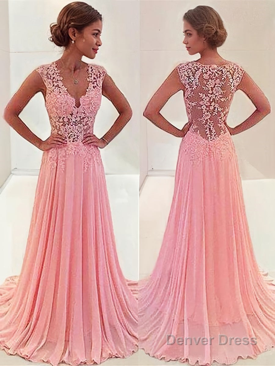 A Line V Neck Sweep Train Chiffon Prom Dresses With Appliques Lace