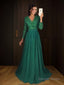 A Line V Neck Sweep Train Chiffon Prom Dresses With Beading