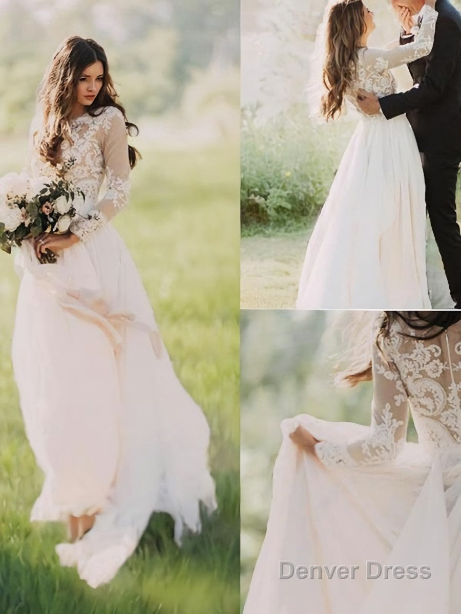 A Line V Neck Sweep Train Chiffon Wedding Dresses
