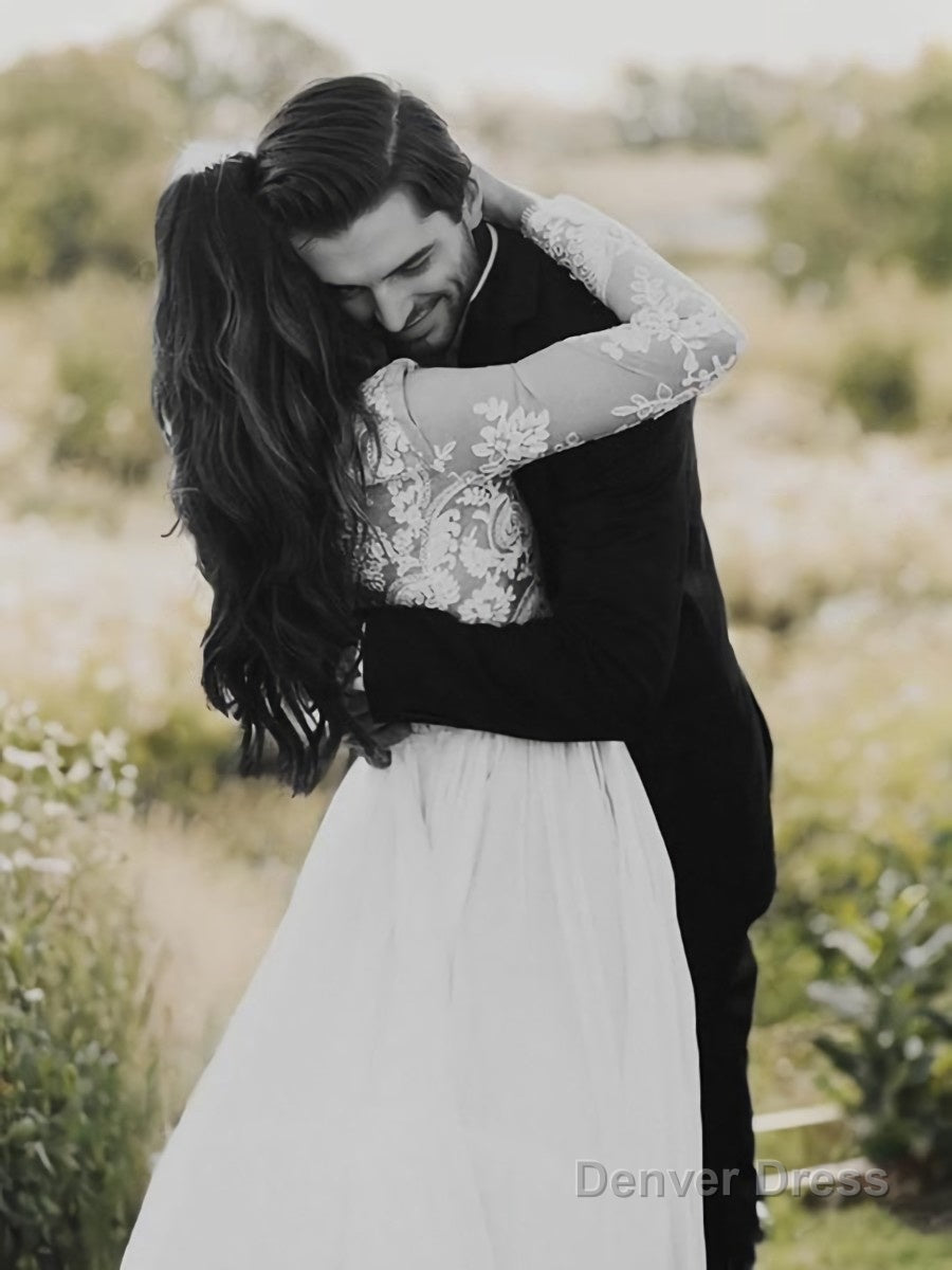 A Line V Neck Sweep Train Chiffon Wedding Dresses