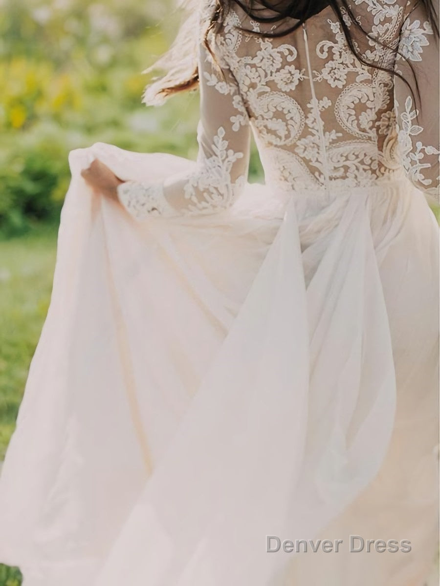 A Line V Neck Sweep Train Chiffon Wedding Dresses