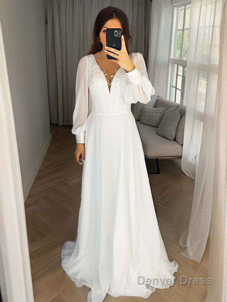 A Line V Neck Sweep Train Chiffon Wedding Dresses Main image